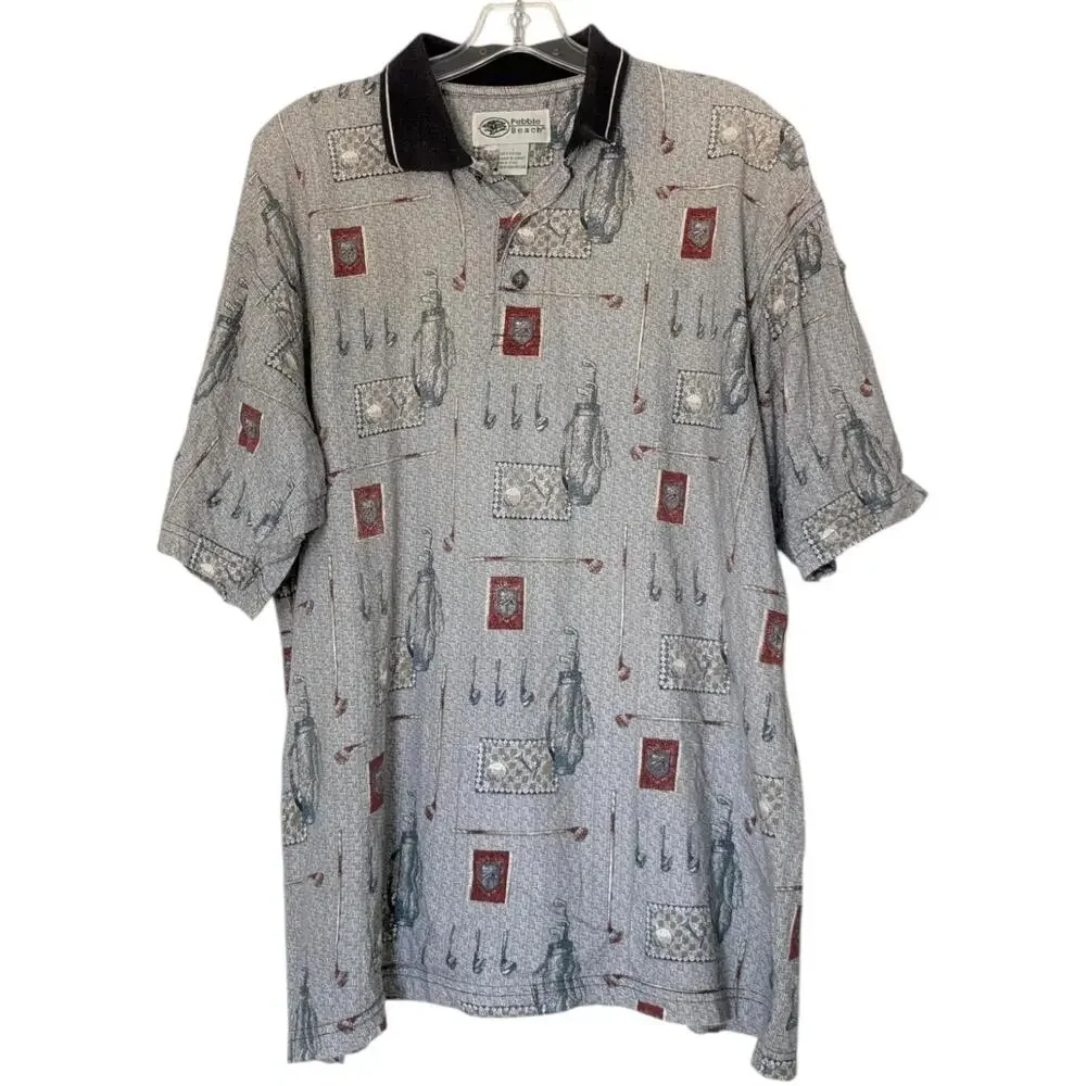 Pebble Beach Polo‎ Shirt Mens Extra Large Gray Golf All Over Print Black Collar - Picture 2 of 8